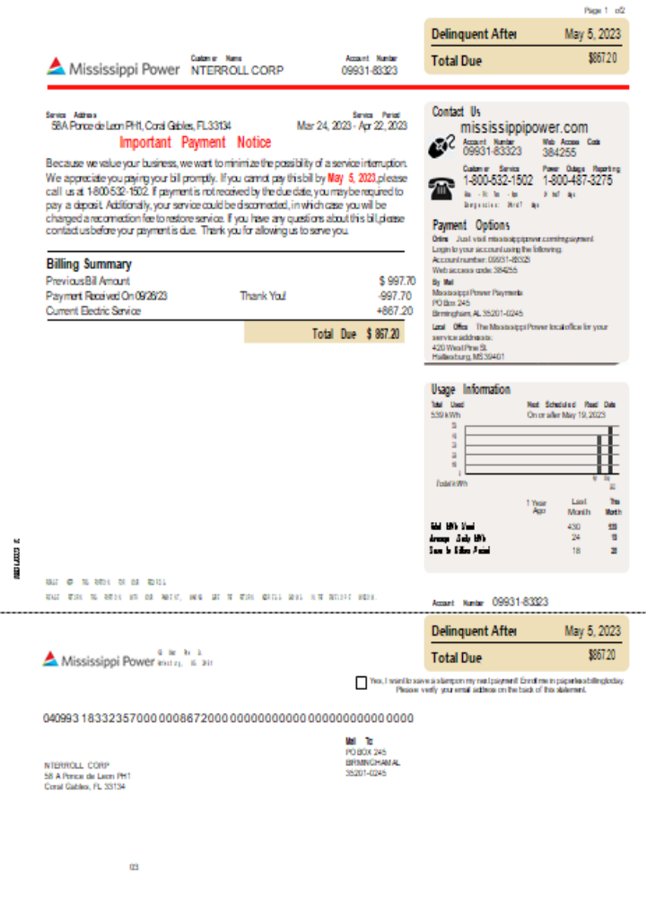 Mississippi Power utility business bill,  page 1, SCR PSD template